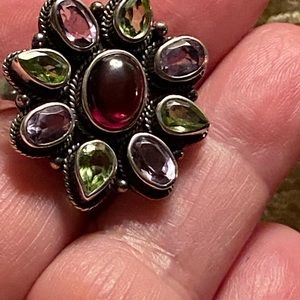 925 vintage solid silver multi Gemstone ring, Garnet, amethyst, peridot🌼